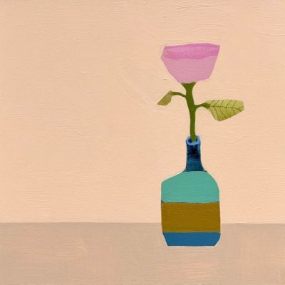 Ellen Rolli Vessel with Stripe and Pink Flower 16x16